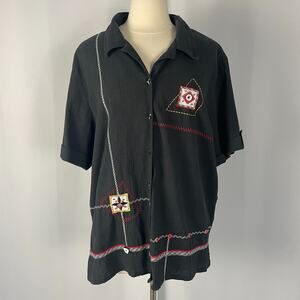 Casual Top Plus Size 22W Black Embroidered Cotton Minimal Boho Indie Vtg Y2K